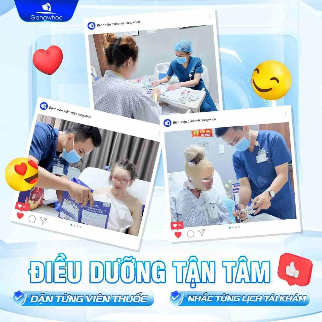 Sau mỗi ca thẩm mỹ tại Gangwhoo khách hàng đều được chăm sóc tận tình bởi đội ngũ điều dưỡng